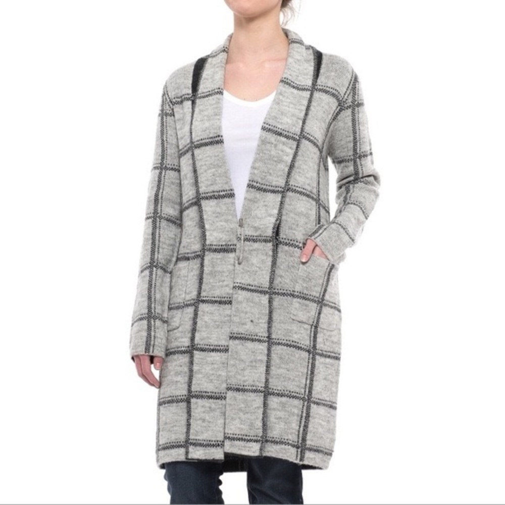 Tahari Wool Blend Open Front Lightweight Gray/Black Windowpane Cardigan Sz M